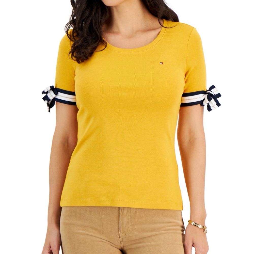 Tommy Hilfiger Women's Cotton, Tie-Sleeve, T-Shirt in Sunflower, size XS